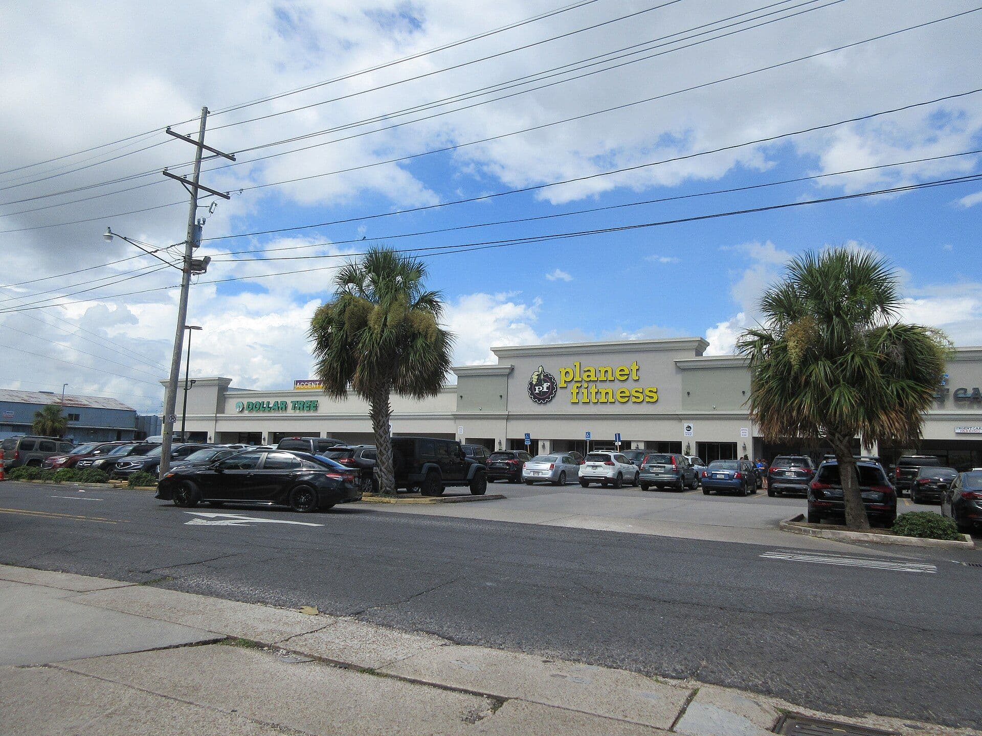 Retail shopping center with parked cars and palm trees under blue sky