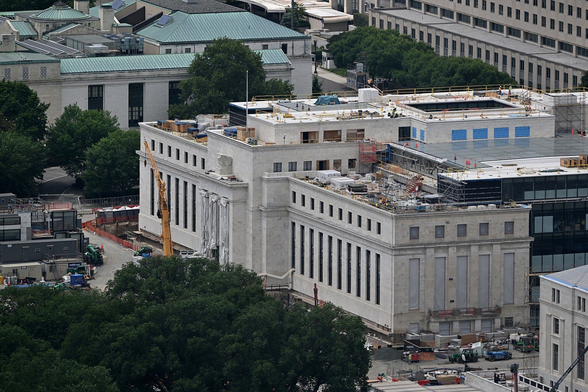 Federal Reserve building under construction, Washington, D.C., aerial view