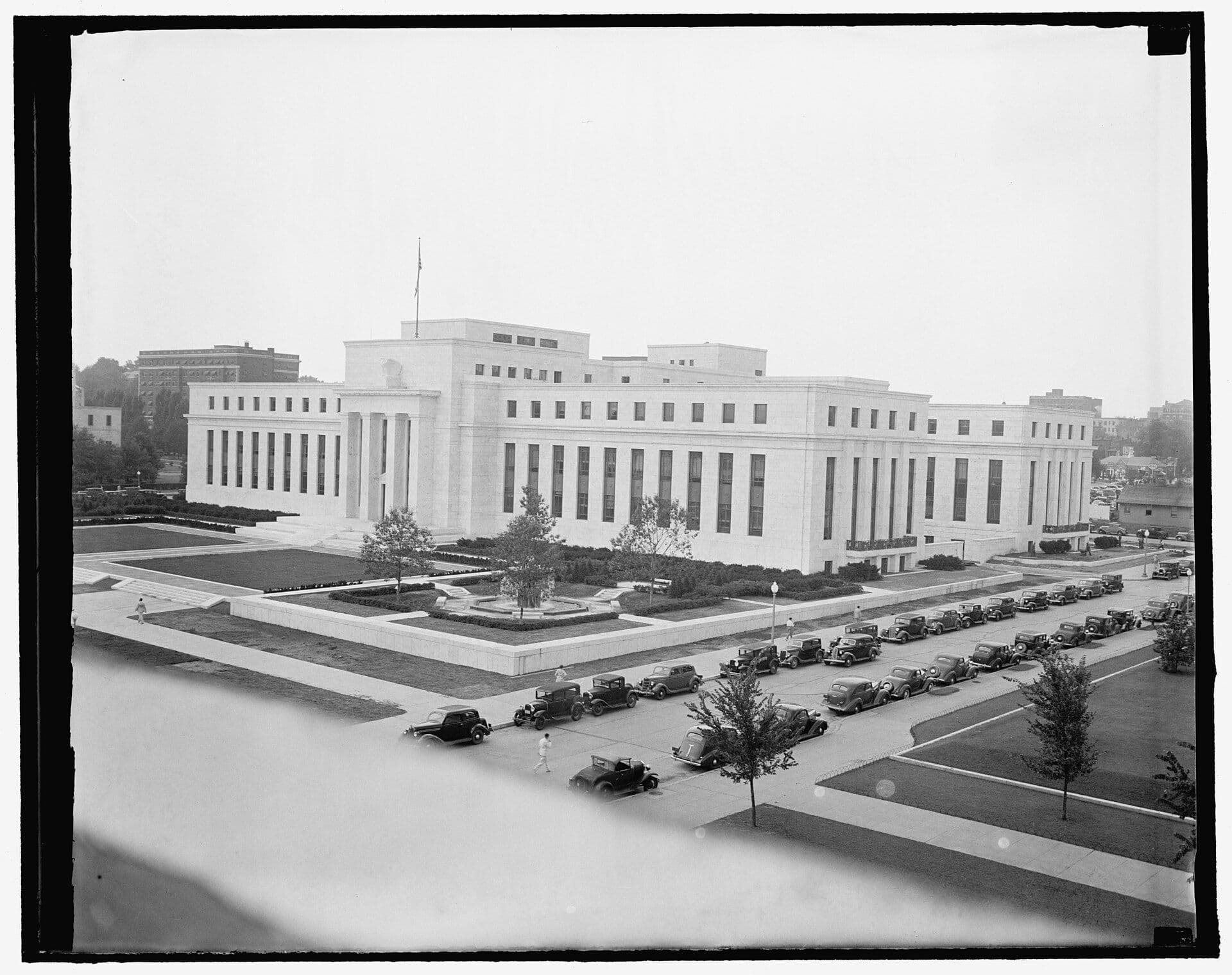 The Federal Reserve Building in Washington, D.C., with classical white stone façade and tall columns