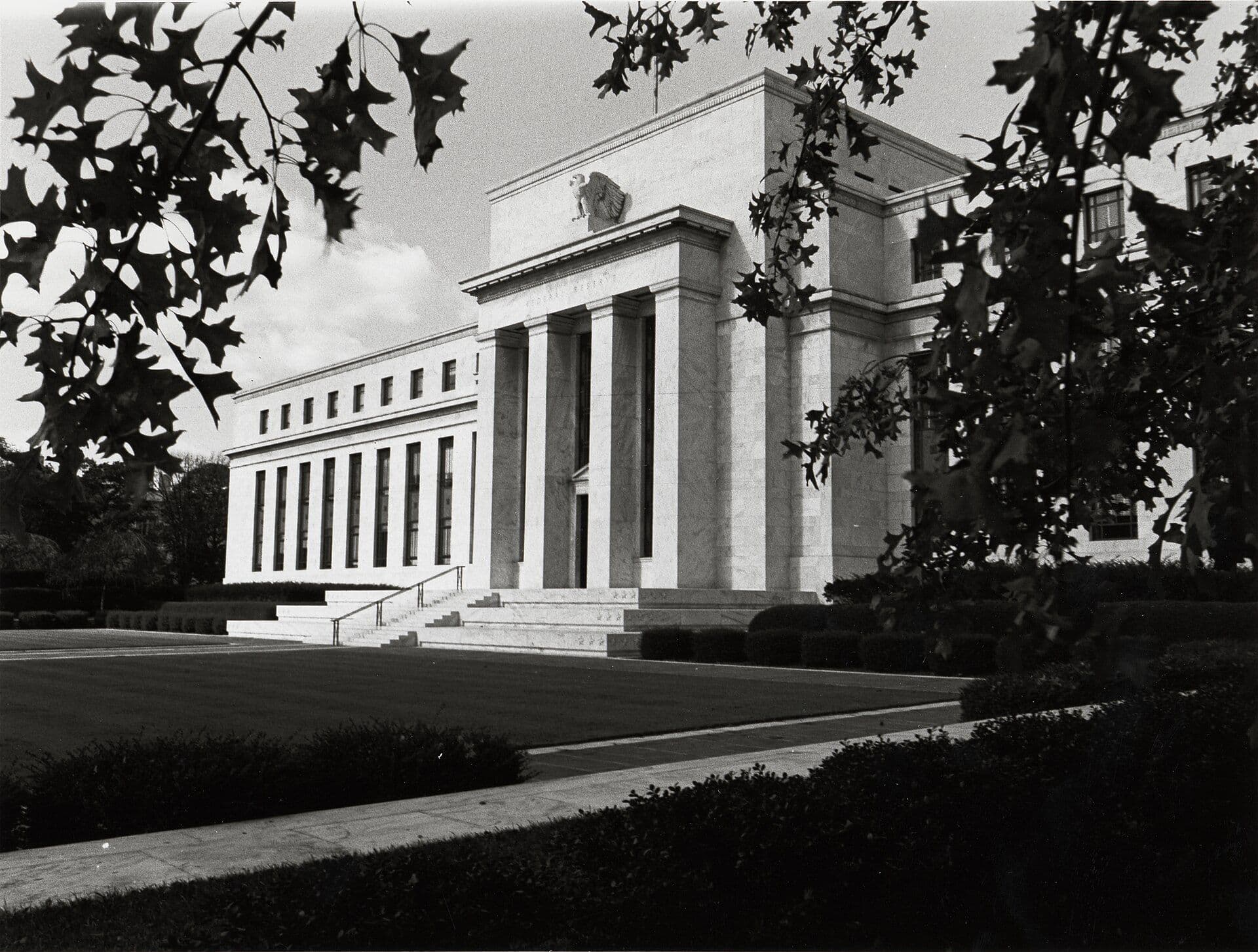 Black and white photograph of the neoclassical Federal Reserve Board Building