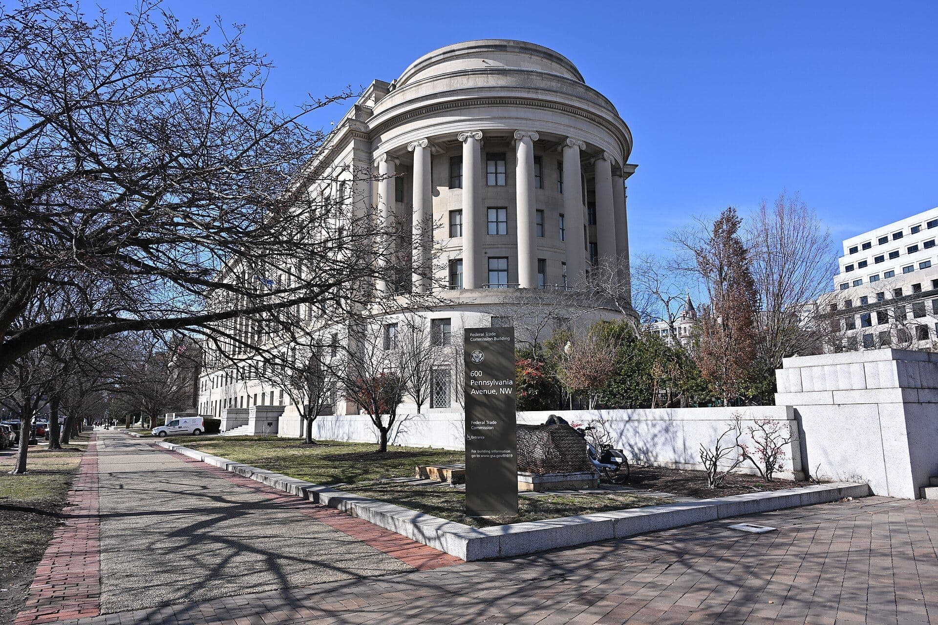Federal Trade Commission building in Washington, DC, featuring a domed roof and white columns